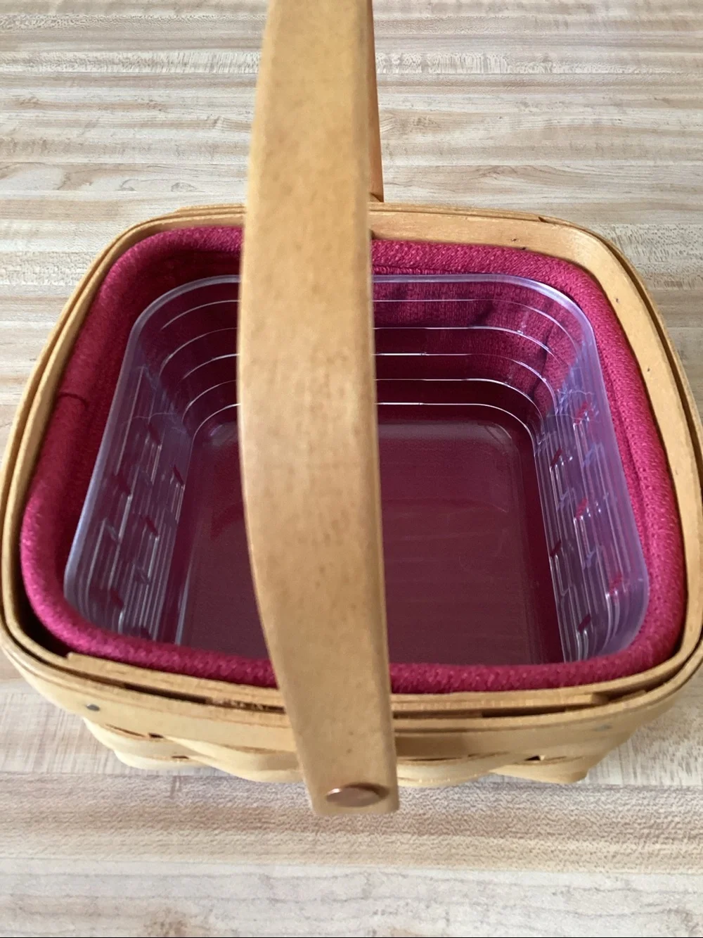 Longaberger HandwovenNatural Wood Basket with Fabric Liner and Clear Insert.